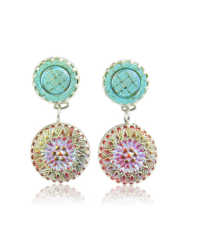 Double drop pink and green iridescent earrings