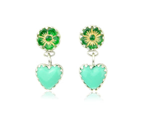 Green double drop heart earrings
